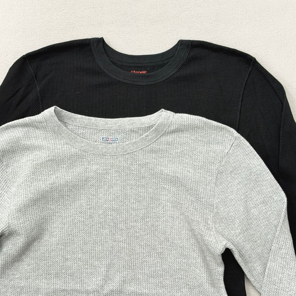 Bundle (2) Mens Long Sleeve Thermal Shirts XL Black/Grey Waffle Knit Base Layer